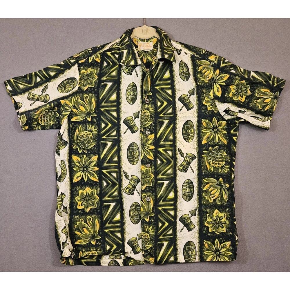 Vintage 60s Ui-Maikai Hawaiian Floral Tiki Shirt Men's Med Large Pineapple Masks